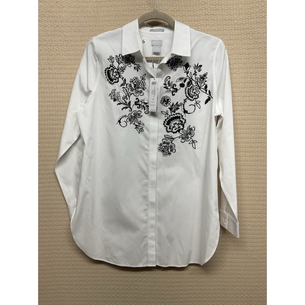 Chico's Size 0 (4 )White Floral Black Embroidery Button-Down Dress Shirt No Iron